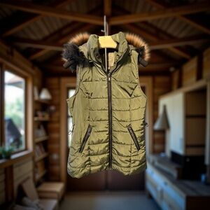 Maurices Olive Puffer Vest with Faux Fur Hood
